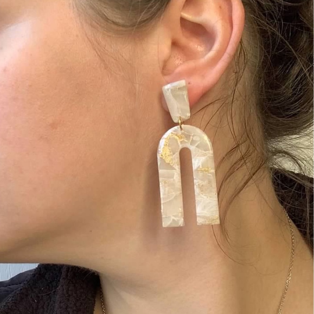 Cream Marble Arch Drop Earrings with Gold Accent - Women Jewelry